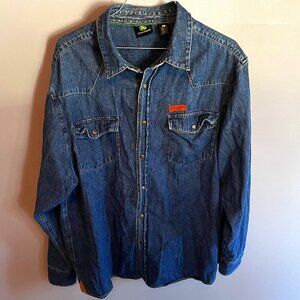 𝅺JOHN Deere Denim, Snap Button, button Down Shirt Men Large Farmer Tractor